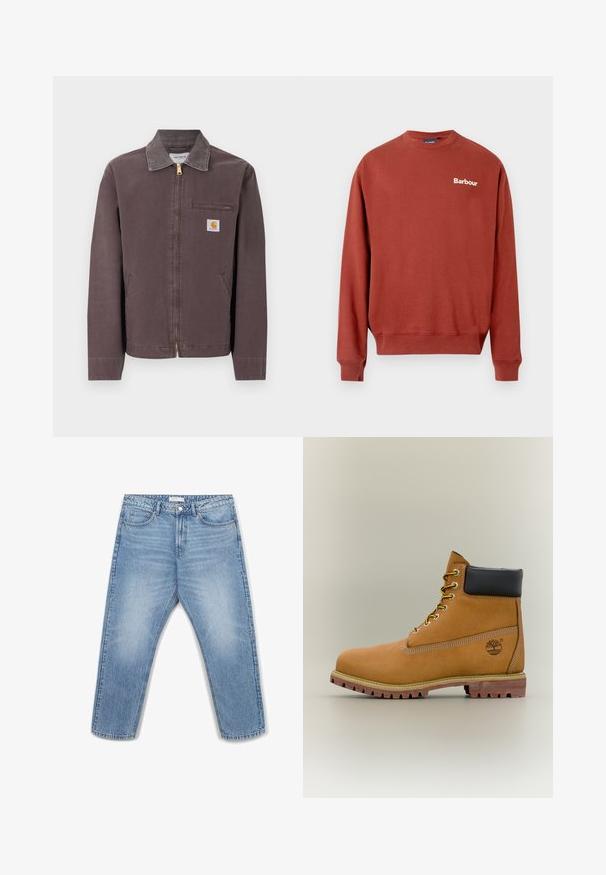 Braune Jacke mit Reißverschluss, Kragen, einer Brusttasche mit Reißverschluss, zwei Seitentaschen und einem Carhartt-Logoaufnäher auf der linken Brustseite.; Rustikaler roter Pullover aus Baumwolle mit rundem Halsausschnitt, gerippten Ärmeln und einem weißen "Barbour"-Logo auf der linken Brust.; Hellblaue Jeans aus Denim mit geradem Bein, fünf Taschen, Metallknopfverschluss und dezenten Ausbleichungen auf dem Stoff.; Brauner Leder-Stiefelette mit schwarzem Kragen, gelben Schnürsenkeln und hellbrauner Sohle. Verfügt über ein Logo und weiße Ziernähe. Robuste Profilsohle.