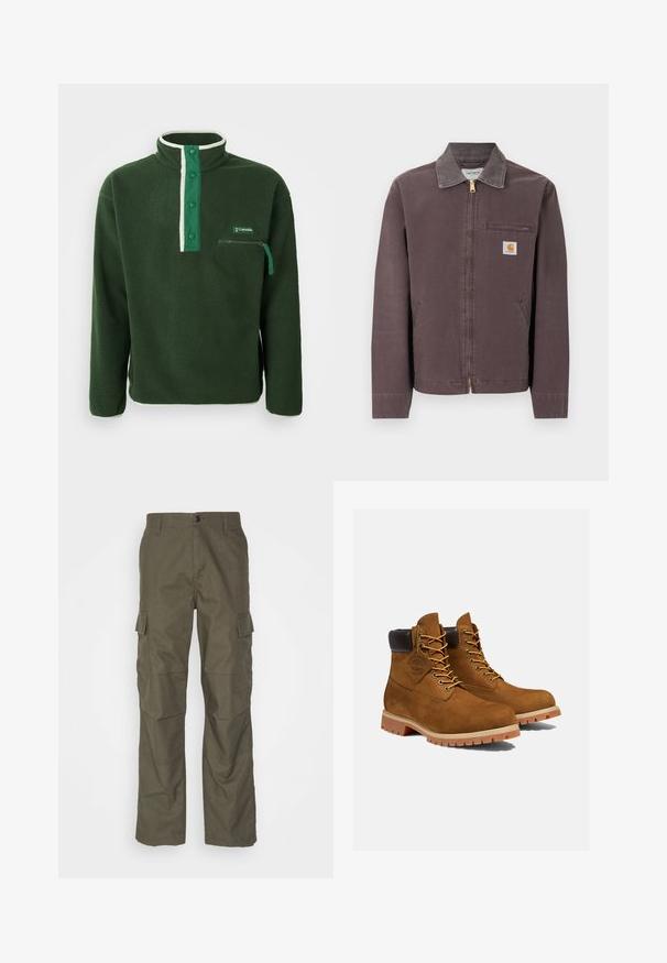 Chaqueta marrón con cremallera y cuello, bolsillo con cremallera en el pecho, dos bolsillos laterales y parche con el logo de Carhartt en el pecho izquierdo.; Polaire verde con cuello alto, que presenta una cremallera blanca en contraste, botones a presión y un bolsillo en el pecho con cremallera. Tejido texturizado.; Pantalones cargo en color oliva con corte recto, fabricados en tejido texturizado. Presentan grandes bolsillos laterales y un cierre de botón.; Botines de ante marrón con un cuello acolchado negro, ojales dorados y suela de goma gruesa con un patrón de tacos para mayor tracción.