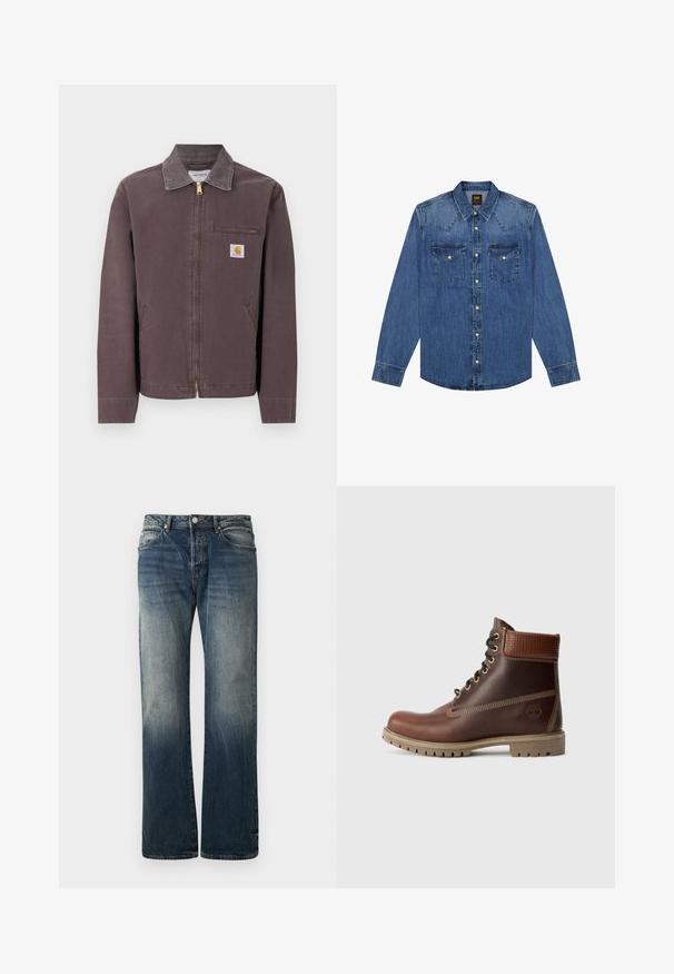 Hnedá bunda na zips s golierom, náprsné vrecko na zips, dva bočné vrecká a nášivka s logom Carhartt na ľavej strane hrudníka.; Modrá rifľová košeľa s dlhým rukávom na zapínanie na gombíky, s dvoma náprsnými vreckami a špicatým šitím na kroke, označená malou štítkovou značkou Lee na pravom vrecku.; Tmavomodré široké džínsy z denimu. Obsahujú vyblednuté detaily, tradičný dizajn s piatimi vreckami a kovové zapínanie na gombík v páse.; Hnedé kožené čipkovacie členkové topánky s polstrovaným golierom, kontrastným prešívaním a robustnou podrážkou, zobrazené z vonkajšej strany na bielom pozadí.
