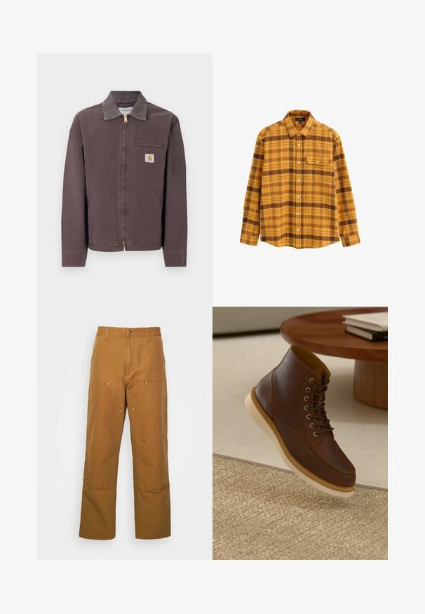 Brun lynlåstrøje med krave, lynlåslomme på brystet, to sidelommer og Carhartt-logo på venstre bryst.; Langærmet skjorte med knapper i sennepsgul og brunternet med spids krave og brystlomme på hvid baggrund.; Brune bomuldsarbejdsbukser med lige ben-design, der har frontlommer og metalhardware detaljer for ekstra holdbarhed.; Brune læderankelstøvle med beige sål på et struktureret beige tæppe ved siden af et rundt træbord med stakke af bøger.