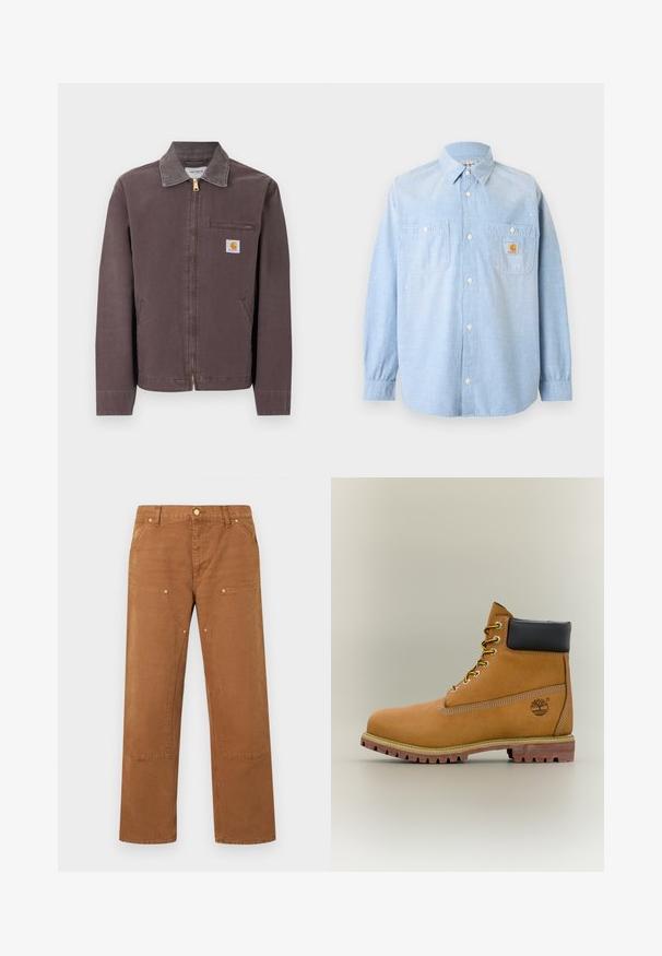Veste marron zippée avec col, poche zippée sur la poitrine, deux poches latérales et écusson logo Carhartt sur la poitrine gauche.; Chemise bleu clair à manches longues avec boutons, deux poches avant dont une avec un patch logo Carhartt et des détails subtils de taches de peinture blanche.; Pantalon marron à jambes droites avec poches plaquées à l'avant, détails à rivets, passants pour ceinture et fermeture par bouton à la taille.; Bottine en cuir marron avec col noir, lacets jaunes et semelle beige. Présente un logo et des détails de couture blanche. Semelle extérieure à traction robuste.