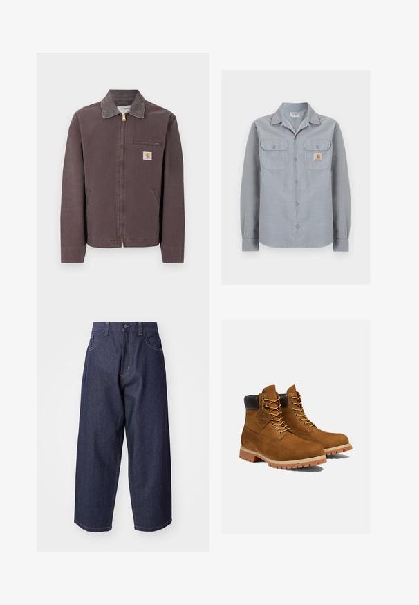 Bruin jack met ritssluiting, kraag, borstzak met rits, twee zijzakken en een Carhartt-logopatch op de linkerborst.; Lichtgrijs overhemd met lange mouwen en knopen, met twee borstzakken, waarvan één met een klein Carhartt-logo op de rechterkant.; Donkerblauwe denim jeans met een losse, wijde pasvorm. Kenmerken zijn een knoopsluiting, steekzakken aan de voorkant en zichtbare stiksels.; Bruine suède enkellaarsjes met een gevoerde zwarte kraag, gouden oogjes en een dikke rubberen zool met een profielpatroon voor grip.