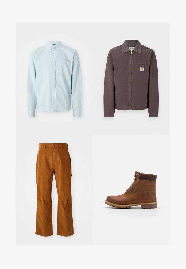 Hnedá bunda na zips s golierom, náprsné vrecko na zips, dva bočné vrecká a nášivka s logom Carhartt na ľavej strane hrudníka.; Svetlo modrá košeľa s dlhým rukávom a zapínaním na gombíky, s gombíkovým golierom a náprsním vreckom, ktoré obsahuje malú červenobielu nášivku.; Hnedé kordové nohavice s rozšírenými nohavicami, s bočnými vreckami a predným zapínaním na gombík. Tkanina je mäkká a ribbovaná.; Hnedé kožené turistické topánky s hladkým povrchom, polstrovaným členkom, kovovými okami a gumovou podrážkou s drsným vzorom.