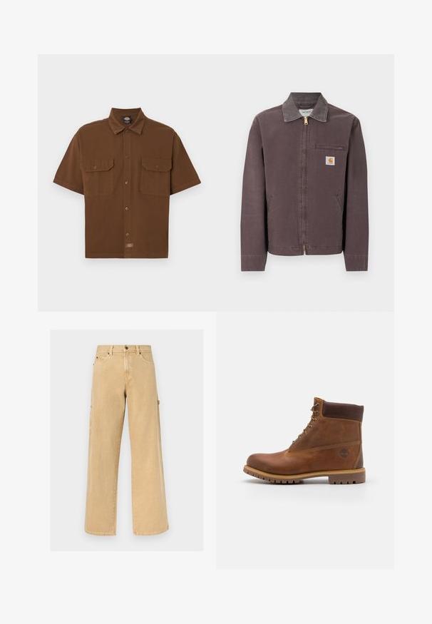 Veste marron zippée avec col, poche zippée sur la poitrine, deux poches latérales et écusson logo Carhartt sur la poitrine gauche.; Chemise marron à manches courtes avec boutons, dotée de deux poches à rabat à l'avant et d'une petite étiquette logo de la marque près du bas au centre.; Pantalon de travail beige à jambes droites avec passants pour ceinture, poches avant et latérales, ainsi qu'une boucle pour marteau sur fond uni.; Botte de randonnée en cuir marron avec une finition lisse, cheville rembourrée, œillets en métal et semelle en caoutchouc dotée d'un motif de crampons robuste.