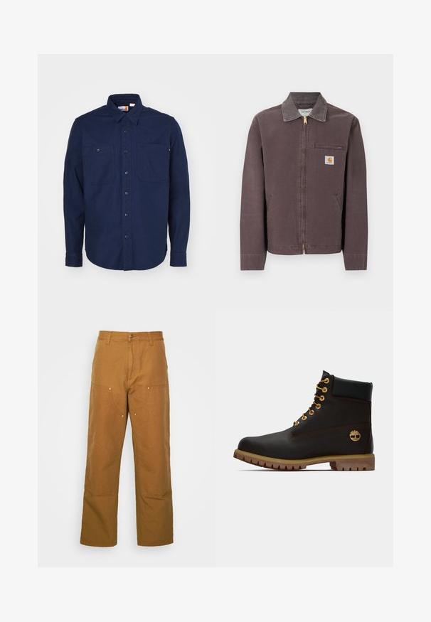 Hnedá bunda na zips s golierom, náprsné vrecko na zips, dva bočné vrecká a nášivka s logom Carhartt na ľavej strane hrudníka.; Námornícka modrá košeľa na gombíky vyrobená z bavlny, s vystúpeným golierom, dlhými rukávmi, dvoma vreckami na hrudi a rovnom lemom.; Hnedé bavlnené utility nohavice so strihom rovného nohu, ktoré obsahujú predné vrecká a kovové detaily pre zvýšenú odolnosť.; Čierne kožené členkové topánky so zlatými očkami, hnedými akcentmi a gumovou podrážkou. Majú polstrovaný golier a embosované logo na boku.