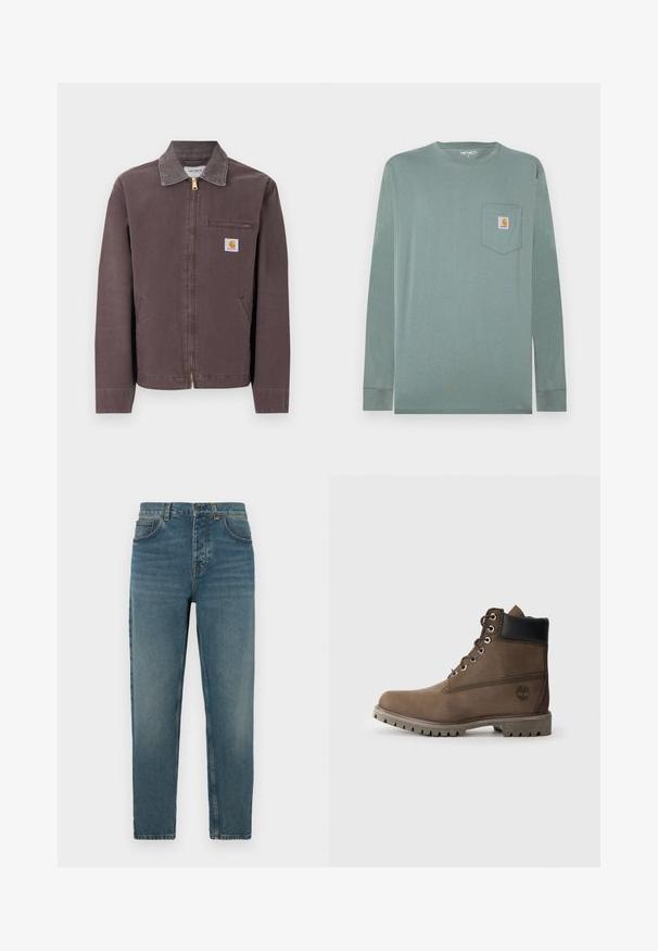 Brun lynlåstrøje med krave, lynlåslomme på brystet, to sidelommer og Carhartt-logo på venstre bryst.; Langærmet skjorte i lysegrøn bomuld med rund hals, der har en venstre brystlomme og en logo-patch i orange og hvid.; Blå denimjeans med lige ben, falmet tekstur, fem-lomme stil og metal knaplukning ved linningen.; Brune læder ankelstøvle med sort krave, metaløjer og slidstærk grå sål. Har logo på siden og syet detaljer.