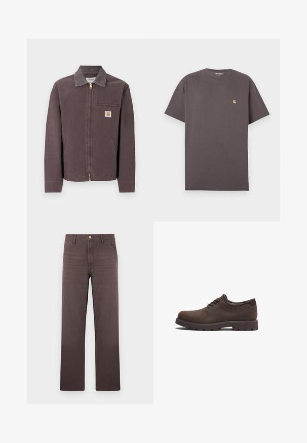 Brun lynlåstrøje med krave, lynlåslomme på brystet, to sidelommer og Carhartt-logo på venstre bryst.; Enkelt mørkebrun T-shirt med korte ærmer og rund hals, med lille beige Carhartt-logo på venstre bryst, størrelse large.; Brune bukser med lige ben, forlommer, bæltestropper og lukning med en guldknap.; Brune lædersko med rund tå og snørebåndsdesign. Har en tekstureret overflade og en gummisål med høj trækkraft. Diskret logo på siden.