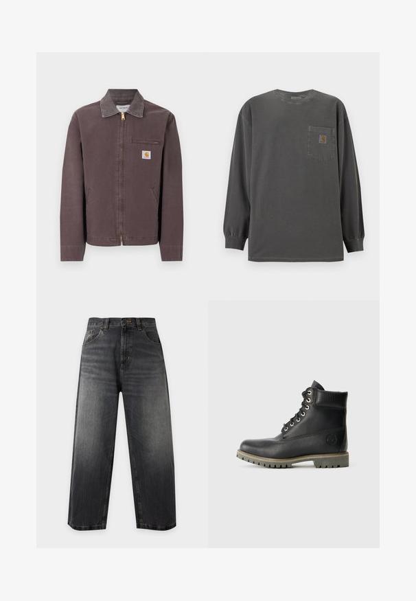 Hnedá bunda na zips s golierom, náprsné vrecko na zips, dva bočné vrecká a nášivka s logom Carhartt na ľavej strane hrudníka.; Tmavosivé tričko s dlhým rukávom a okrúhlym výstrihom s náprsným vreckom s malou nášivkou loga Carhartt na vrecku.; Čierne vyblednuté rifle s rovnými nohavicami, pútkami na opasok, prednými vreckami a zapínaním na gombík na bielom pozadí.; Čierne kožené členkové topánky s šnurovacími detailmi, polstrovaným golierom a štruktúrovanou panelou. Majú robustnú podrážku a embosované logo na boku.