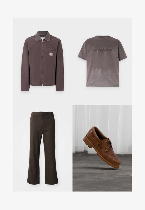 Chaqueta marrón con cremallera y cuello, bolsillo con cremallera en el pecho, dos bolsillos laterales y parche con el logo de Carhartt en el pecho izquierdo.; Camiseta de manga corta de color gris oscuro desgastado con "Dickies" bordado en el pecho, mostrada sobre un fondo liso.; Pantalones marrones acampanados con una textura suave, que cuentan con un cierre delantero con botón y bolsillos laterales. Diseño sencillo y recto.; Zapato náutico de cuero marrón con cordones negros, costuras beige y una suela resistente, suspendido sobre un suelo de hormigón gris.