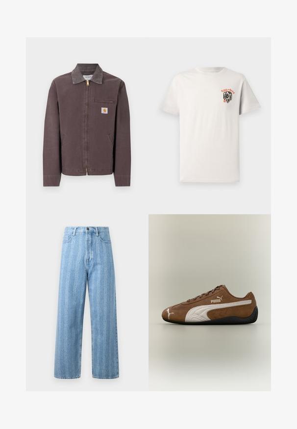 Veste marron zippée avec col, poche zippée sur la poitrine, deux poches latérales et écusson logo Carhartt sur la poitrine gauche.; T-shirt en coton beige clair avec un col rond, des manches courtes, et un graphique de chien noir avec "RIDE the RAILS" en texte orange.; Jean en denim bleu clair avec une coupe large, arborant un motif chaîne répétitif. Style classique à cinq poches avec détails en métal sur le bouton.; Baskets en daim marron avec des accents blancs et un design texturé. Elles disposent d'une semelle en caoutchouc noire et d'un logo Puma proéminent sur le côté.