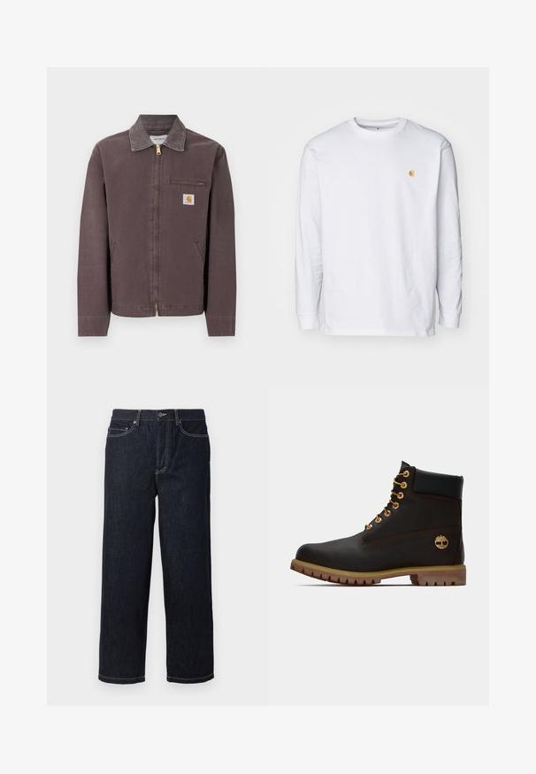 Braune Jacke mit Reißverschluss, Kragen, einer Brusttasche mit Reißverschluss, zwei Seitentaschen und einem Carhartt-Logoaufnäher auf der linken Brustseite.; Weißes Langarm-T-Shirt aus Baumwolle. Mit kleinem goldenem Logo auf der Brust und Rundhalsausschnitt. Einfaches Design und normale Passform.; Dunkelblaue gerade geschnittene Jeans aus Denim mit fünf Taschen und weißen Kontrastnähten, Knopfverschluss und Gürtelschlaufen.; Schwarze Leder-Ankle-Boots mit goldenen Ösen, braunen Akzenten und einer Gummisohle. Verfügt über einen gepolsterten Schaft und ein geprägtes Logo an der Seite.