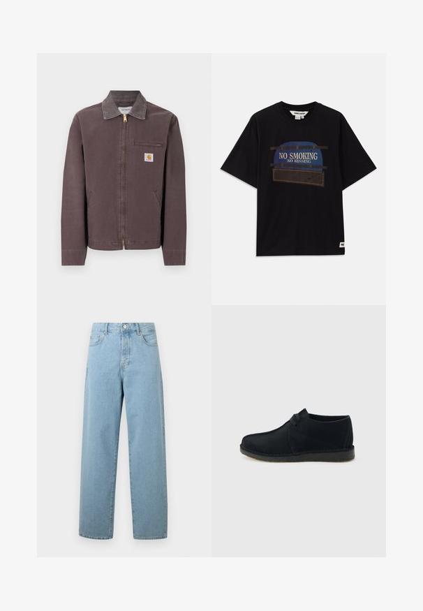 Brun lynlåstrøje med krave, lynlåslomme på brystet, to sidelommer og Carhartt-logo på venstre bryst.; Sort bomulds T-shirt med korte ærmer, der har et grafisk design med teksten "NO SMOKING" og "NO KISSING" i blå og hvide detaljer.; Lyseblå vide jeans lavet af denim, med frontknaplukning, traditionelt fem-lommer design og en afslappet pasform.; Sort ruskind lavt snørebåndssko med crepesål, set fra siden på en lysegrå baggrund.
