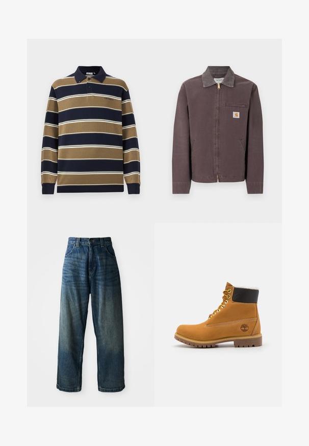 Brun lynlåstrøje med krave, lynlåslomme på brystet, to sidelommer og Carhartt-logo på venstre bryst.; Langærmet polo med marineblå, tan og hvide lodrette striber; har en krave, tre-knaps knaplukning og broderet logo på brystet.; Bredde ben blå denimjeans med en falmet finish. Har fem lommer, knaplukning og kontrasterende syninger. Tyk stof.; Brune læder ankelstøvle med metaløjer, hvid pelsforing, sort polstret krave, robust sål og præget logo på siden.