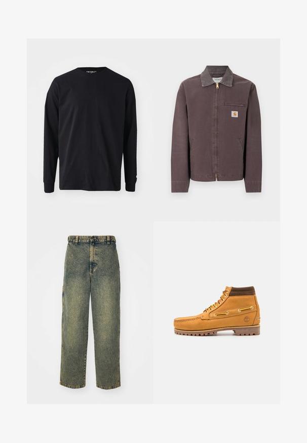 Chaqueta marrón con cremallera y cuello, bolsillo con cremallera en el pecho, dos bolsillos laterales y parche con el logo de Carhartt en el pecho izquierdo.; Camiseta negra de manga larga hecha de algodón, con un escote redondo y corte recto, que presenta un pequeño detalle de logo en la manga.; Jeans de denim holgados en un lavado azul y verde descolorido. Presenta un cierre de botón, pasadores para el cinturón y bolsillos laterales. Diseño de frente plano y pierna recta.; Timberland AUTHENTIC MID LACE BOOT - Botines con cordones - wheat