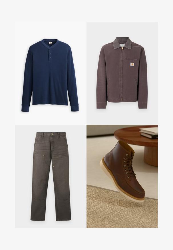 Hnedá bunda na zips s golierom, náprsné vrecko na zips, dva bočné vrecká a nášivka s logom Carhartt na ľavej strane hrudníka.; Dlhý rukáv námornícky modrý henley tričko vyrobené z rebrovanej látky. Má okrúhly výstrih a tri gombíky. Rukávy sú prispôsobené.; Hnedé pracovné nohavice s priamym strihom, vystuženými nákolienkami, prednými vreckami, pútkami na opasok a zapínaním na gombík.; Hnedé kožené členkové čižmy s béžovou podrážkou na textúrovanom béžovom koberci vedľa okrúhleho dreveného stola so stohom kníh.