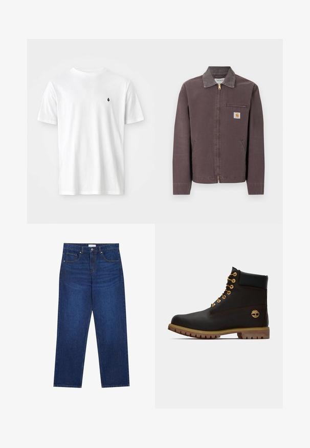Veste marron zippée avec col, poche zippée sur la poitrine, deux poches latérales et écusson logo Carhartt sur la poitrine gauche.; T-shirt en coton blanc avec un col rond classique, des manches courtes et un petit logo noir sur la poitrine gauche. Texture lisse, coupe décontractée.; Jean en denim bleu foncé avec une coupe droite, équipé d'une fermeture boutonnée et à zip, de cinq poches et de détails de couture visibles.; Bottine noire en cuir avec œillets dorés, accents marron et semelle en caoutchouc. Comprend un col rembourré et un logo estampé sur le côté.