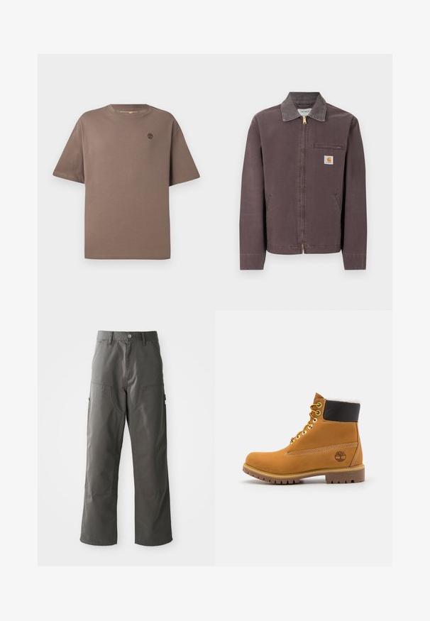 Braune Jacke mit Reißverschluss, Kragen, einer Brusttasche mit Reißverschluss, zwei Seitentaschen und einem Carhartt-Logoaufnäher auf der linken Brustseite.; Braunfarbener Baumwoll-T-Shirt mit Rundhalsausschnitt und kurzen Ärmeln, ausgestattet mit einem kleinen Logo auf der Brust, glatter Textur und lässiger Passform.; Graue Cargo-Hosen mit geradem Bein design, ausgestattet mit zwei Fronttaschen und zusätzlichen Seitentaschen für Stauraum. Hergestellt aus strapazierfähigem Stoff.; Braune Leder-Ankle-Boots mit Metallösen, weißem Kunstfellfutter, schwarzem gepolstertem Kragen, robustem Sohlenprofil und geprägtem Logo an der Seite.