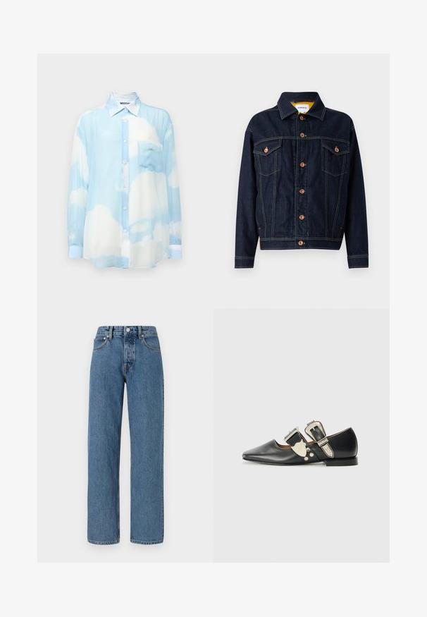 Dunkelblaue Jeansjacke mit kupferfarbenen Beschlägen, zwei Brusttaschen, geradem Schnitt und sichtbaren Nähten. Klassisches Kragen-Design.; Himmelblauses, transparentes Langarmshirt mit Wolkenmuster. Verfügt über eine Knopfleiste, einen Kragen und eine linke Brusttasche. Weicher Stoff.; Helle blaue, gerade geschnittene Jeans aus Denim. Verfügt über eine hohe Taille, ein Fünf-Taschen-Design, einen Metallknopfverschluss und dezente Ausbleichungen.; Schwarze Lederflachschuhe mit spitzem Zehenbereich, silbernen Schnallenakzenten und dekorativen Nieten. Sie verfügen über einen niedrigen Absatz und eine glatte Textur.