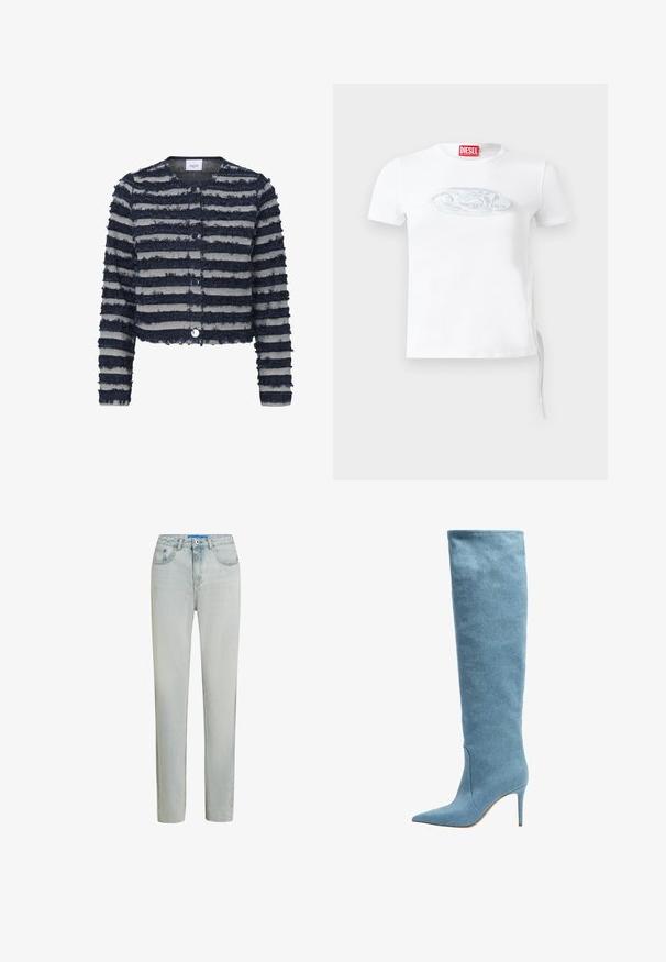 Chaqueta texturizada a rayas en azul marino y gris, recortada, con mangas largas y botones a presión en la parte delantera.; Camiseta blanca de manga corta confeccionada en algodón, con un sutil logo en relieve en azul grisáceo en el pecho y detalle de cordón lateral.; Vaqueros de pierna recta de talle alto en azul claro, hechos de mezclilla. Presentan una bragueta con cremallera, diseño de cinco bolsillos y un sutil desgaste para dar textura.; Bota de mujer alta en denim azul claro con punta afilada y tacón delgado alto sobre un fondo blanco.