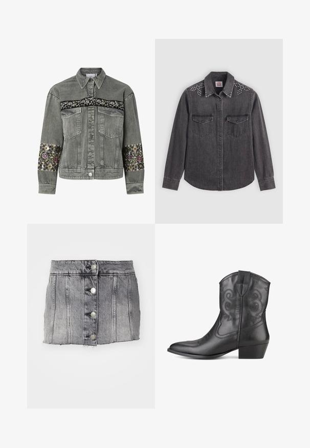 Graue Jeansjacke mit floral bestickten Bändern über Brust und Ärmeln, Knopfverschluss und zwei vorderen Klappentaschen.; Schwarze Jeanshemd mit langen Ärmeln, Punktkragen, zwei Brusttaschen, silberne Nietenakzente auf den Schultern, knöpfbare Vorderseite.; Grauer Denim-Rock mit hoher Taille, fünf silbernen Knöpfen, vertikalen Nähten und rohem Saum. Hat eine schmale Silhouette und eine weiche Textur.; Schwarze Leder-Cowboy-Stiefel mit spitzem Zehenbereich, dekorativer Stickerei am Schaft und einem geschichteten Absatz. Glatte Textur und keine sichtbaren Beschläge.