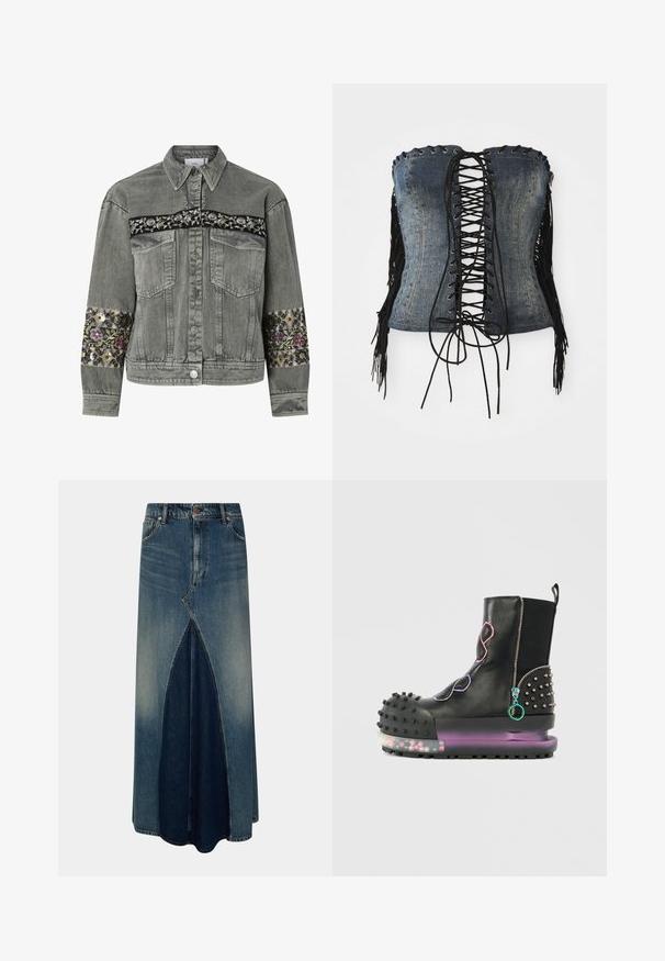 Veste en denim gris avec des bandes brodées de fleurs sur la poitrine et les manches, fermeture par boutons et deux poches avant à rabat.; Corset sans bretelles en denim avec un devant lacé noir, œillets en argent et accents de franges noires sur les côtés. Présente une coupe structurée et une texture vieillie.; Jupe maxi en denim bleu avec pli inversé à l'avant, passants de ceinture, fermeture par bouton et zip, et délavage pâli.; Botte en cuir noire avec une semelle épaisse, des accents cloutés, des fermetures éclair colorées et un embout rembourré. La semelle transparente contient des éléments décoratifs à l'intérieur.