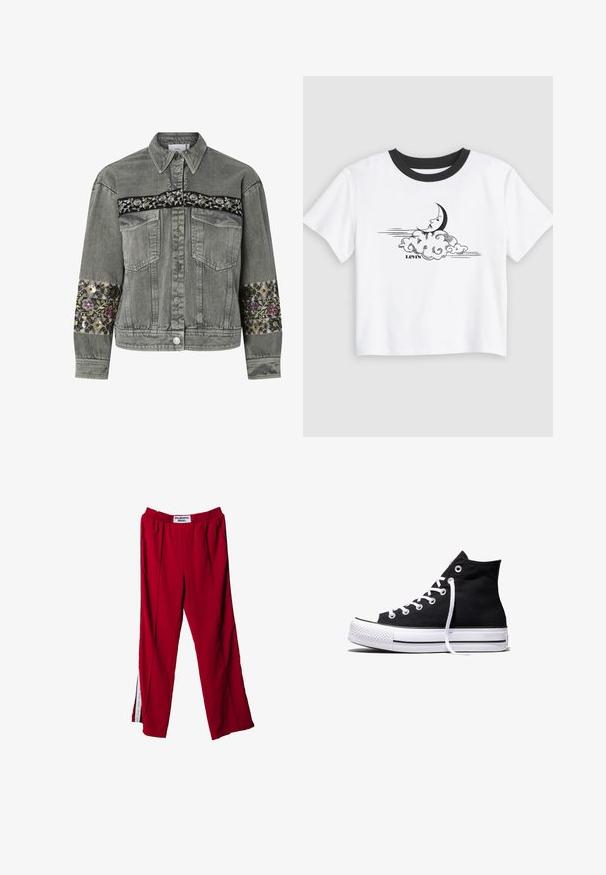 Grå denimjakke med blomstret broderede bånd over bryst og ærmer, knaplukning og to frontlommer med klap.; Hvid T-shirt med korte ærmer og sort rund hals, med en sort halvmåne med et ansigt over hvirvlende skyer og teksten "Levi's" nedenunder.; Røde sportsbukser med elastisk talje, med sidelæg og diskrete plisseringer. Materialet ser glat ud, med et mærke på taljen.; Sort high-top canvas sneaker med hvid gummisål og hvide snørebånd, vist fra siden mod en hvid baggrund.