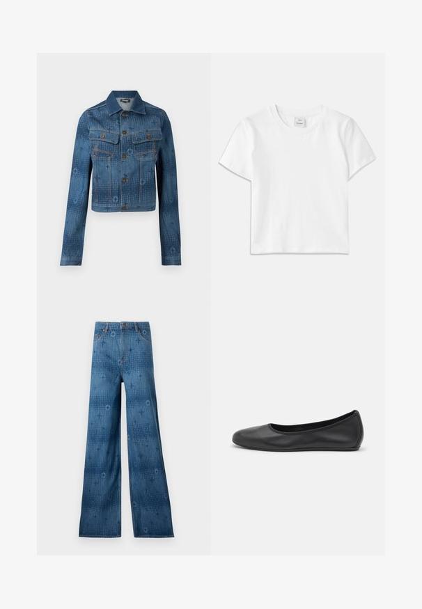 Blauwe spijkerjack met een cropped ontwerp, twee borstzakken, knoopsluiting aan de voorkant en subtiele tonale patroonaccenten over de stof.; Witte katoenen t-shirt met een ronde hals, korte mouwen en een rechte zoom. Label met "Won Hundred" aan de voorkant van de halslijn.; Wijd uitlopende denim jeans in donkerblauw, met een subtiel patroon over de hele stof en een klassieke vijf-pocketontwerp. De stiksels contrasteren met de stof.; Zwarte leren ballerina met een ronde neus, gladde textuur, minimale stikdetails en een flexibele zoolontwerp.