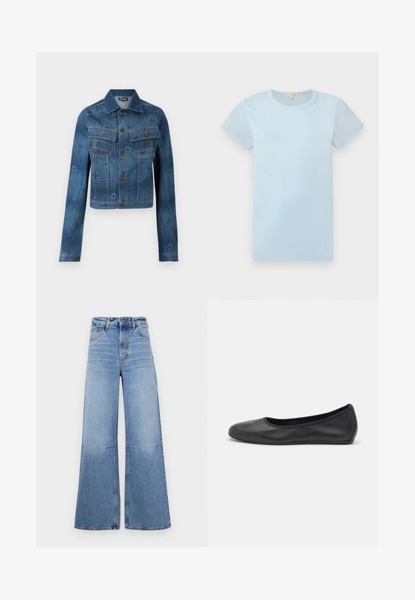 Blaue Jeansjacke mit einem verkürzten Design, zwei Brusttaschen, Knopfverschluss und subtilen, tonalen Musterelementen auf dem Stoff.; rag & bone T-Shirt basic - raindrop; Helle blaue weit geschnittene Jeans mit high waist, ausgestattet mit frontalen Taschen und Nahtdetails, die vertikal entlang der Beine verlaufen.; Schwarze Leder-Ballettschuhe mit abgerundeter Spitze, glatter Textur, minimalen Nähdetails und einem flexiblen Sohlen-Design.