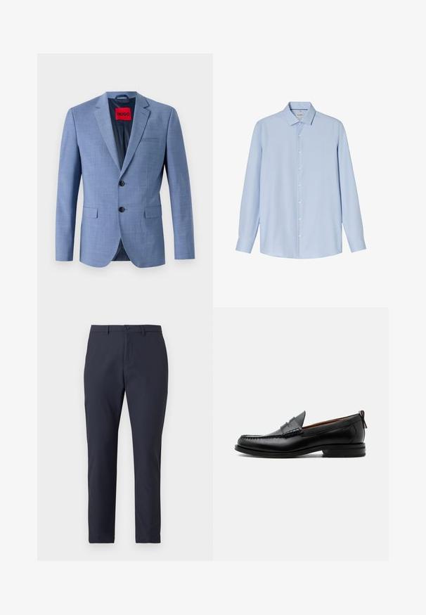 Helles blaues Blazer aus strukturiertem Stoff, mit zwei schwarzen Knöpfen, einer Brusttasche und einem roten Markenetikett im Kragen.; Hellblaues Hemd mit langen Ärmeln, Knöpfen, klassischem Kragen und geknöpften Manschetten, auf weißem Hintergrund dargestellt.; Dunkelblaue, leichte Hose mit einem schlanken Design, ausgestattet mit einem Knopfverschluss, Gürtelschlaufen und einer glatten Textur. Taillierte Passform.; Schwarzer Leder-Herrenschuh mit Mokassinnaht, Penny-Riemen, strukturiertem Kragen und niedrigem gestapeltem Absatz auf weißem Hintergrund.