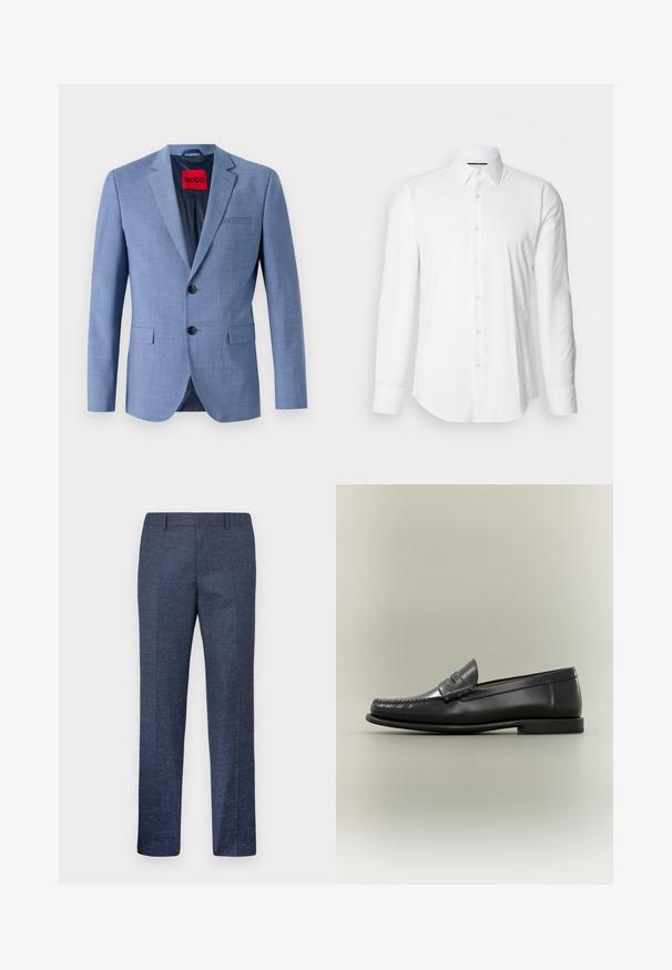Lyseblå blazer lavet af struktureret stof, med to sorte knapper, en brystlomme og en rød mærkeetiket indeni kraven.; Hvid langærmet skjorte lavet af glat stof, med klassisk krave og knap-front design samt en buet kant. Knapperne er diskret blanke.; Herre lige marineblå bukser med bæltestropper, forreste presning og et subtilt tekstureret stofmønster.; Sort læder herresko med moc-toe-design, penny-rem og lav hæl på en neutral baggrund.