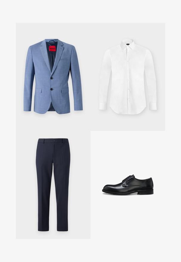 Helles blaues Blazer aus strukturiertem Stoff, mit zwei schwarzen Knöpfen, einer Brusttasche und einem roten Markenetikett im Kragen.; Weißes, langärmliges Hemd mit Knöpfen und spitzem Kragen, flach auf einem hellgrauen Hintergrund liegend.; Marineblaue Hose aus glattem Stoff, mit geradem Schnitt, Gürtelschlaufen und einem einzigen Knopfverschluss an der Taille.; Schwarzer polierter Herrenschuh aus Leder mit geschlossenem Schnürsystem, niedrigem Absatz und dezentem Marken-Detail nahe der Ferse auf weißem Hintergrund.