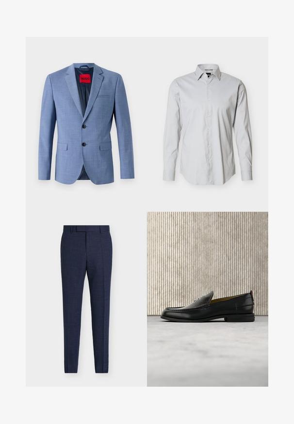 Blazer bleu clair en tissu texturé, avec deux boutons noirs, une poche poitrine et une étiquette de marque rouge à l'intérieur du col.; Chemise habillée pour hommes à manches longues gris clair avec boutonnage sur le devant, col pointu et poignets à un bouton sur fond blanc uni.; Pantalon habillé homme bleu marine sur mesure avec passants de ceinture, pli avant et coupe ajustée sur fond uni.; Mocassin pour homme en cuir noir avec un dessus embossé effet croco et un petit talon, présenté de profil sur un fond neutre.