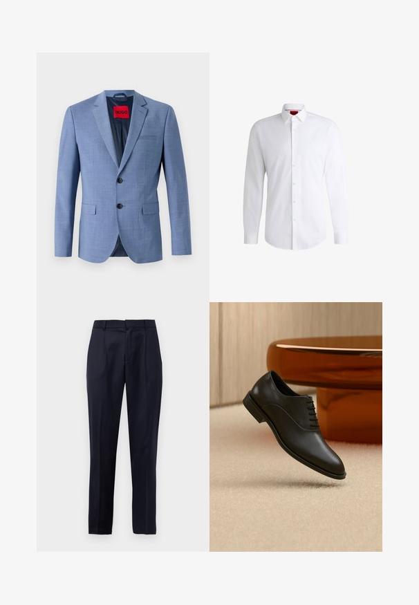 Helles blaues Blazer aus strukturiertem Stoff, mit zwei schwarzen Knöpfen, einer Brusttasche und einem roten Markenetikett im Kragen.; Weißes Herrenhemd aus glattem Stoff mit klassischem Kragen, langen Ärmeln und abgerundetem Saum. Mit eleganten beigen Knöpfen an der Vorderseite.; Navyblaue maßgeschneiderte Anzughose mit Frontfalten, Gürtelschlaufen und konischem Beinansatz vor einem weißen Hintergrund.; Schwarzer polierter Lederschnürschuh über beigem Teppich schwebend, mit großem rundem bernsteinfarbenem Glastisch im Hintergrund.