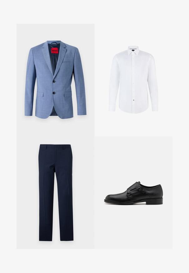Blazer azul claro hecho de tejido texturizado, con dos botones negros, un bolsillo en el pecho y una etiqueta de marca roja en el interior del cuello.; Camisa blanca de manga larga hecha de una tela suave, con cierre de botones en la parte delantera, cuello puntiagudo y dobladillo curvado. Acento notable de botón de marca.; Pantalones azul marino con un corte entallado, que presentan una textura suave, pliegues marcados y un diseño de frente plano. Cierre de cremallera oculta.; Zapato de vestir de cuero negro con doble hebilla, silueta elegante y punta redonda. Cuenta con un tacón bajo y una textura suave.