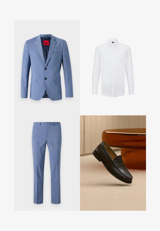 Helles blaues Blazer aus strukturiertem Stoff, mit zwei schwarzen Knöpfen, einer Brusttasche und einem roten Markenetikett im Kragen.; Weißes Langarmhemd aus glattem Stoff, mit klassischem Kragen und Knopfleiste, strukturiertem Schnitt und dezentem Glanz.; Hellblaue Anzughose, taillierte Passform, strukturierter Stoff, flacher Vorderteil, schräge Seitentaschen und ein glatter Bund mit Gürtelschlaufen.; Schwarzer Leder-Loafer, der über einem hellbeigen Teppich schwebt, mit bernsteinfarbenen modernen Möbeln im Hintergrund.