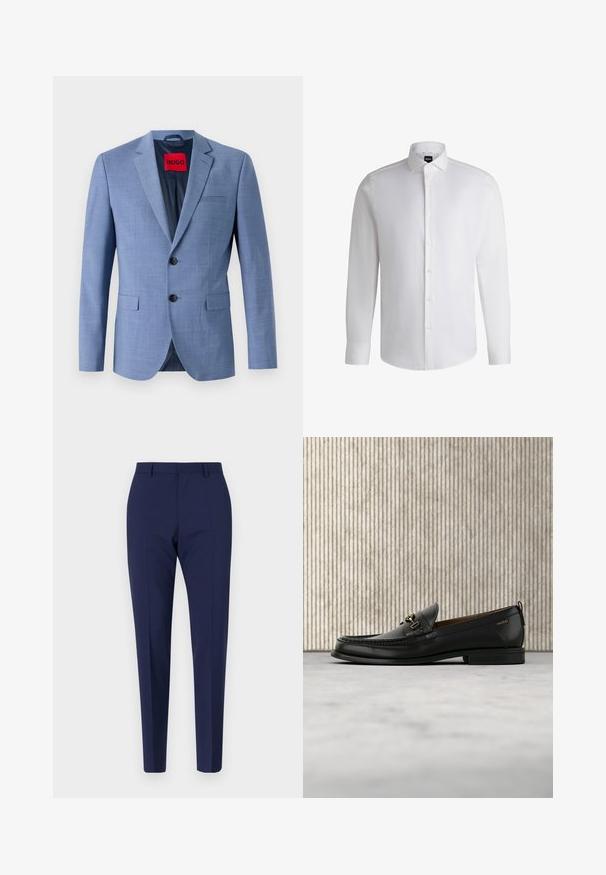 Blazer bleu clair en tissu texturé, avec deux boutons noirs, une poche poitrine et une étiquette de marque rouge à l'intérieur du col.; Chemise blanche à manches longues en coton lisse, dotée d'un col classique, d'une patte de boutonnage complète et de poignets à bouton. Design minimaliste.; Pantalon ajusté bleu marine, avec une coupe slim, présentant une texture lisse, un devant plat et des jambes pliées. Pas de poches visibles ni d'embellissements.; Mocassin en cuir noir avec mors en métal doré et logo "HUGO", présenté sur un tapis beige et un meuble translucide marron.