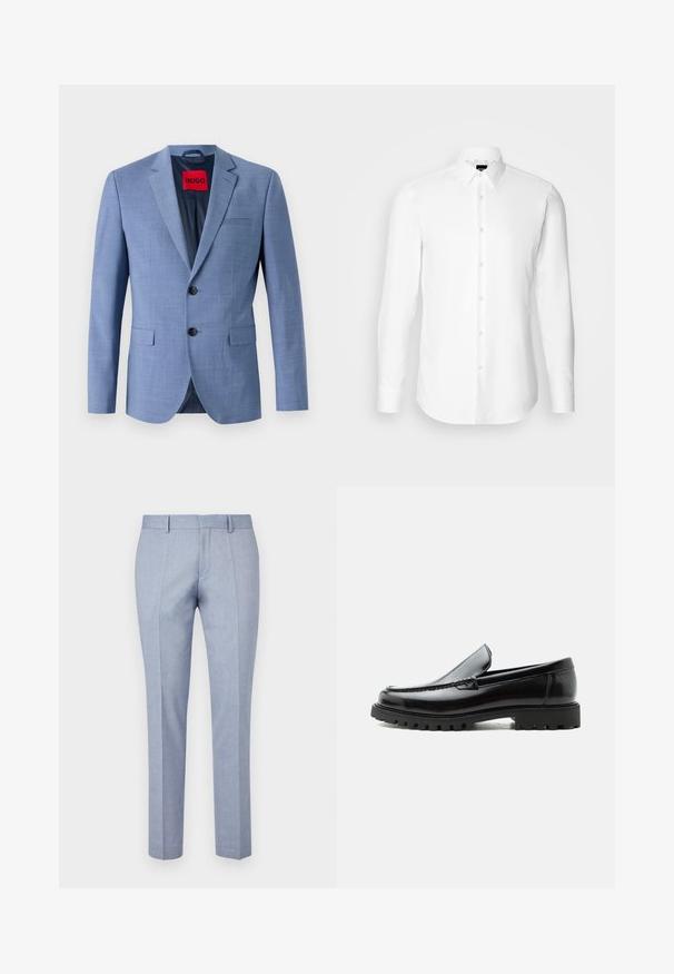 Lyseblå blazer lavet af struktureret stof, med to sorte knapper, en brystlomme og en rød mærkeetiket indeni kraven.; Hvid skjorte med lange ærmer, knaplukning foran, klassisk krave, lavet af glat stof med en subtil tekstur, designet til et tætsiddende udseende.; Lyseblå skræddersyede bukser med en glat stofoverflade, der har en flad front, to forlommer og et slim fit design.; Sort læderloafer med chunky gummisål, syet overdel og præget mærkenavn på hælen, vist i sideprofil på hvid baggrund.