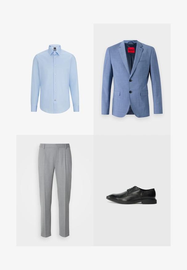 Helles blaues Blazer aus strukturiertem Stoff, mit zwei schwarzen Knöpfen, einer Brusttasche und einem roten Markenetikett im Kragen.; Himmelblaues, langärmliges Hemd mit Knopfleiste und klassischem Kragen, aus glattem Stoff gefertigt. Mit weißen Knöpfen an der Vorderseite und an den Manschetten.; Grau zugeschnittene Hosen mit glatter Textur, flachem Frontbereich, geraden Beinen und dezenten Falten für zusätzliche Details.; Schwarze Lederdressschuhe mit glatter Textur, spitzer Zehenform, sechs Ösen-Schnürdesign und niedrigem rechteckigem Absatz. Dezentes Branding-Detail an der Seite.