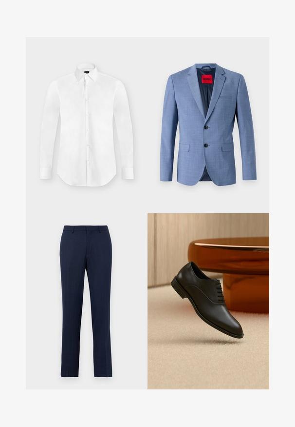 Blazer azul claro hecho de tejido texturizado, con dos botones negros, un bolsillo en el pecho y una etiqueta de marca roja en el interior del cuello.; Camisa blanca de vestir de manga larga con botones y cuello puntiagudo, colocada perfectamente plana sobre un fondo gris claro.; Pantalones de corte entallado en azul marino con pasadores para cinturón, cierre frontal con cremallera y ajuste recto sobre un fondo blanco liso.; Zapato de vestir negro de cuero pulido con cordones flotando sobre una alfombra beige, con una gran mesa de cristal redonda de color ámbar al fondo.
