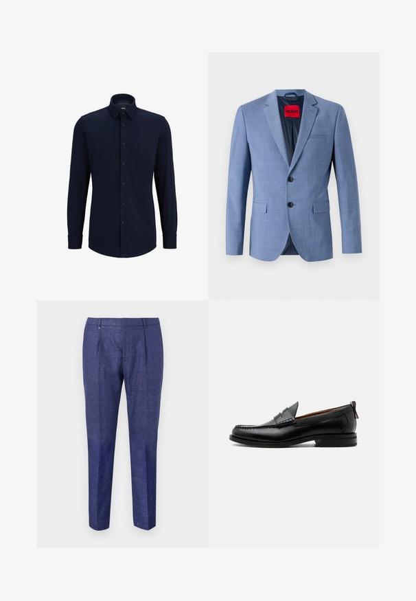 Helles blaues Blazer aus strukturiertem Stoff, mit zwei schwarzen Knöpfen, einer Brusttasche und einem roten Markenetikett im Kragen.; Marineblaue Langarmhemd aus gewebtem Stoff, mit klassischem Kragen, geradem Schnitt und vorderer Knopfverschluss.; Marineblaue Hose aus strukturiertem Stoff, mit geradem Bein, zwei vorderen Falten und einem dezenten Metallelement am Bund.; Schwarzer Leder-Herrenschuh mit Mokassinnaht, Penny-Riemen, strukturiertem Kragen und niedrigem gestapeltem Absatz auf weißem Hintergrund.