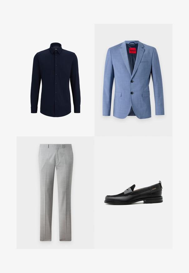 Blazer bleu clair en tissu texturé, avec deux boutons noirs, une poche poitrine et une étiquette de marque rouge à l'intérieur du col.; Chemise à manches longues bleu marine, boutonnée, en tissu tissé, avec un col classique, une coupe droite et une fermeture à boutons sur le devant.; Pantalons gris ajustés en tissu lisse, avec un motif à carreaux fin, des jambes droites et des passants de ceinture. Pas de poches visibles.; Mocassin en cuir noir avec détail de bride grise, talon bas et semelle texturée, marqué "HUGO" en or sur le côté.