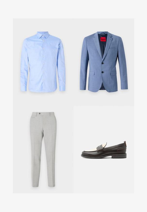 Blazer bleu clair en tissu texturé, avec deux boutons noirs, une poche poitrine et une étiquette de marque rouge à l'intérieur du col.; Chemise bleu clair à manches longues, avec un col pointu et des boutons blancs. Présente un col intérieur à motifs. Texture de tissu lisse.; Pantalon gris ajusté avec un motif à carreaux subtil, fabriqué en tissu léger. Dispose d'une fermeture à bouton et de poches latérales. Silhouette ajustée.; Mocassin homme en cuir marron foncé avec panneau en tissu écru et détail classique de bride cousue, semelle plate et languette au talon.
