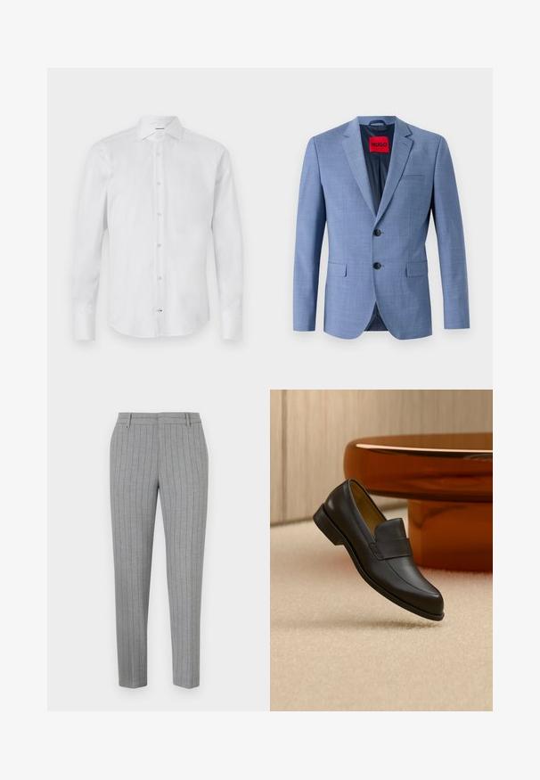 Blazer bleu clair en tissu texturé, avec deux boutons noirs, une poche poitrine et une étiquette de marque rouge à l'intérieur du col.; Chemise blanche à manches longues et à boutons, fabriquée dans un tissu lisse ; elle présente un col classique, une fermeture à boutons et un ourlet arrondi.; Pantalon gris à fines rayures avec une coupe ajustée, devant plat et poches latérales. Confectionné dans un tissu lisse avec un léger éclat.; Mocassin en cuir noir à talon bas flottant au-dessus d'un sol moquetté beige près d'une table ronde marron.