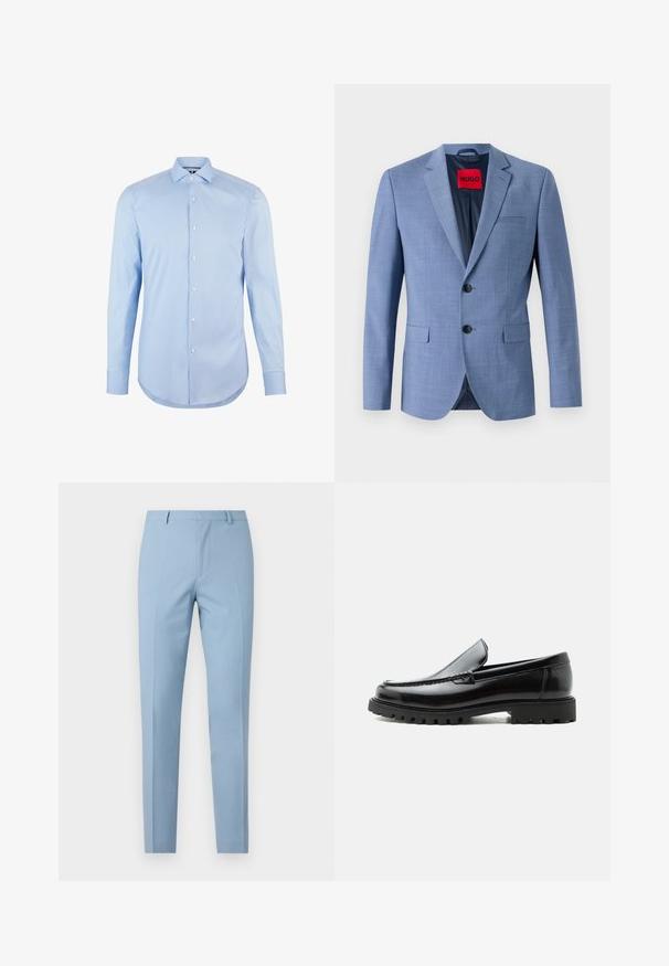 Blazer azul claro hecho de tejido texturizado, con dos botones negros, un bolsillo en el pecho y una etiqueta de marca roja en el interior del cuello.; Camisa de manga larga azul claro confeccionada en algodón, con cuello de punta, botones en la parte frontal y dobladillo redondeado. Textura suave sin patrones.; Pantalones azul claro a medida con un corte ajustado, textura suave, pliegue al frente, cintura ajustada y lazos para cinturón. Sin bolsillos visibles.; Mocasín de cuero negro con suela de goma gruesa, empeine cosido y nombre de la marca en relieve en el talón, mostrado en perfil lateral sobre fondo blanco.