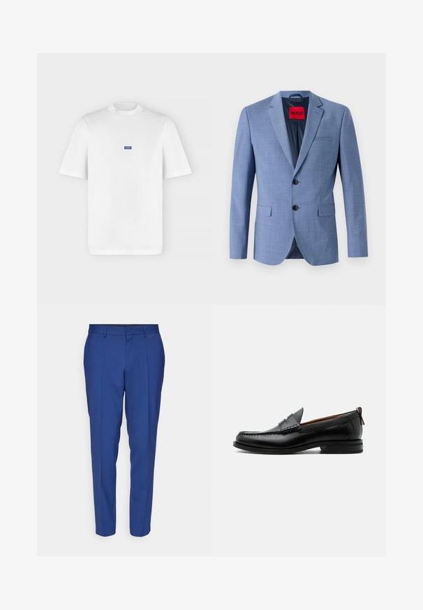 Lichtblauwe blazer van textuurstof, met twee zwarte knopen, een borstzak en een rode merklabel aan de binnenkant van de kraag.; Wit T-shirt met korte mouwen en een ronde hals met een klein blauw rechthoekig "HUGO"-logo gecentreerd op de borst.; Blauwe op maat gemaakte broeken van een gladde stof, met een rechte voorkant, twee zijzakken en een taps toelopend ontwerp.; Zwarte leren herensloffen met moc toe stiksel, pennyriem, gestructureerde kraag en lage gestapelde hak op witte achtergrond.