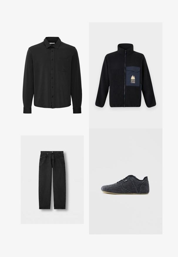 Veste en polaire noire avec fermeture éclair sur le devant, col montant et poche poitrine bleu marine contrastante ornée d'un texte doré et d'un motif d'arbre.; Chemise noire à manches longues à boutons en tissu doux, dotée d'un col, d'une poche frontale et d'une fermeture à boutons, avec un ourlet droit.; Jeans en denim noir à jambes droites avec poches avant et poche à monnaie, fermeture à bouton et passants de ceinture sur un fond gris clair.; Chaussures décontractées en denim noir avec un bout rond, une surface texturée, des coutures contrastantes et une semelle en caoutchouc verte flexible. Conception à lacets sur le devant.