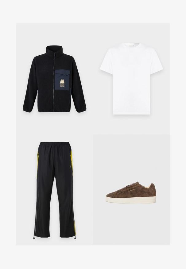 Sort fleecejakke med lynlås fortil, høj krave og en kontrasterende navy brystlomme med gyldent tekst og trædesign.; Ensfarvet hvid t-shirt med korte ærmer og rund hals, vist mod en neutral grå baggrund.; Sorte træningsbukser med gule sideaccenter, elastisk talje og lynlåslommer på siden. Fremstillet af let og glat stof.; Brune ruskinds sneakers med lav profil, rund tå og hvid gummisål. Har mørke snørebånd og diskret branding på siden.