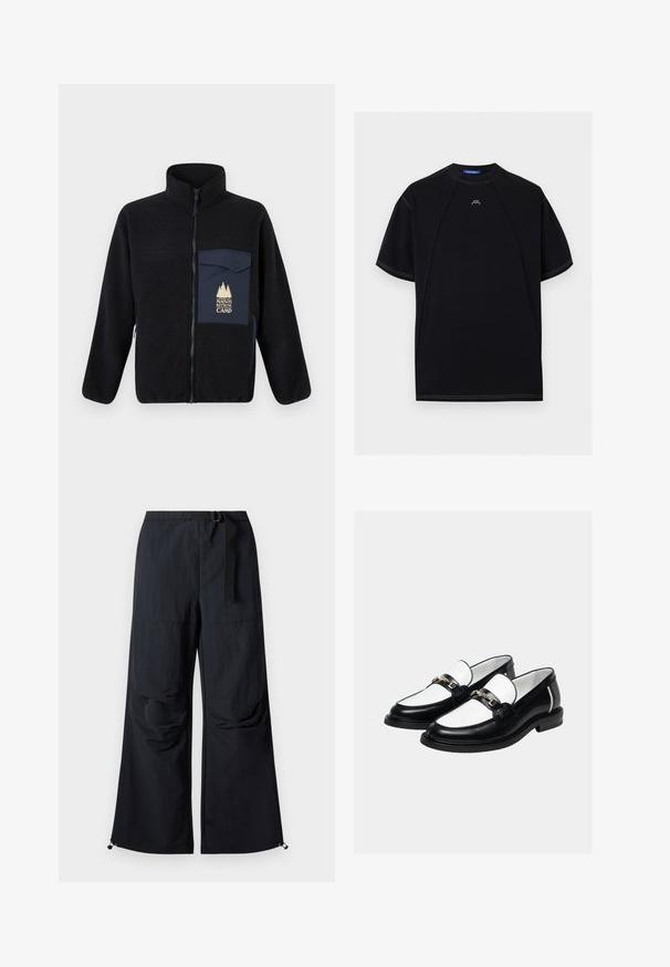 Chaqueta de forro polar negra con cremallera frontal, cuello alto y un bolsillo en el pecho de color navy en contraste, con texto dorado y un diseño de árbol.; Camiseta negra de manga corta con costuras blancas en contraste, cuello redondo y pequeño logo blanco "ACW" centrado cerca del cuello.; Pantalones negros de pierna ancha hechos de tela ligera. Cuentan con un cinturón, dos grandes bolsillos laterales y dobladillos ajustables con cierres de cordón.; Par de mocasines de cuero en blanco y negro con detalle de cadena dorada en la parte superior, sobre un fondo claro y liso.