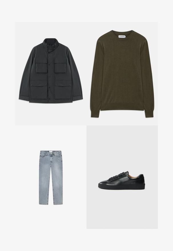 Schwarze Utility-Jacke mit vier vorderen Klappentaschen, Druckknopf-Verschlüssen, langen Ärmeln und einem hohen Kragen mit Reißverschluss.; Dunkelgrüner, langärmeliger Pullover mit gerippten Bündchen und Saum. Aus weichem Material, mit klassischem Rundhalsausschnitt und minimalistischem Design.; Hellblaue Jeans aus Denim mit geradem Schnitt, Fünf-Taschen-Design, Knopfverschluss, dezentem Verblassen und gestickten Details entlang der Taschen.; Schwarze Leder-Sneaker mit glatter Textur, runder Zehenpartie und Schnürverschluss. Verfügt über eine dicke Gummisohle und minimalistische Marken-Details.