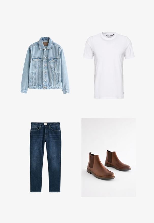 Lichtblauw spijkerjasje met knoopsluiting aan de voorkant, twee borstzakken met klep en zij-inzetzakken, plat neergelegd op een witte achtergrond.; Witte korte mouwen t-shirt van katoen, met een ronde hals en een eenvoudig ontwerp. Merktag zichtbaar op het nekgebied. Geen patronen of accenten.; Donkerblauwe denim jeans met een rechte pijp, vijf zakken, riemlussen en subtiele vervaging. De stof heeft een gladde textuur.; Bruine leren enkellaarsjes met elastische zijpanelen, een afgeronde neus en een gestapelde hak. Gladde textuur met contrasterende bruine accenten.